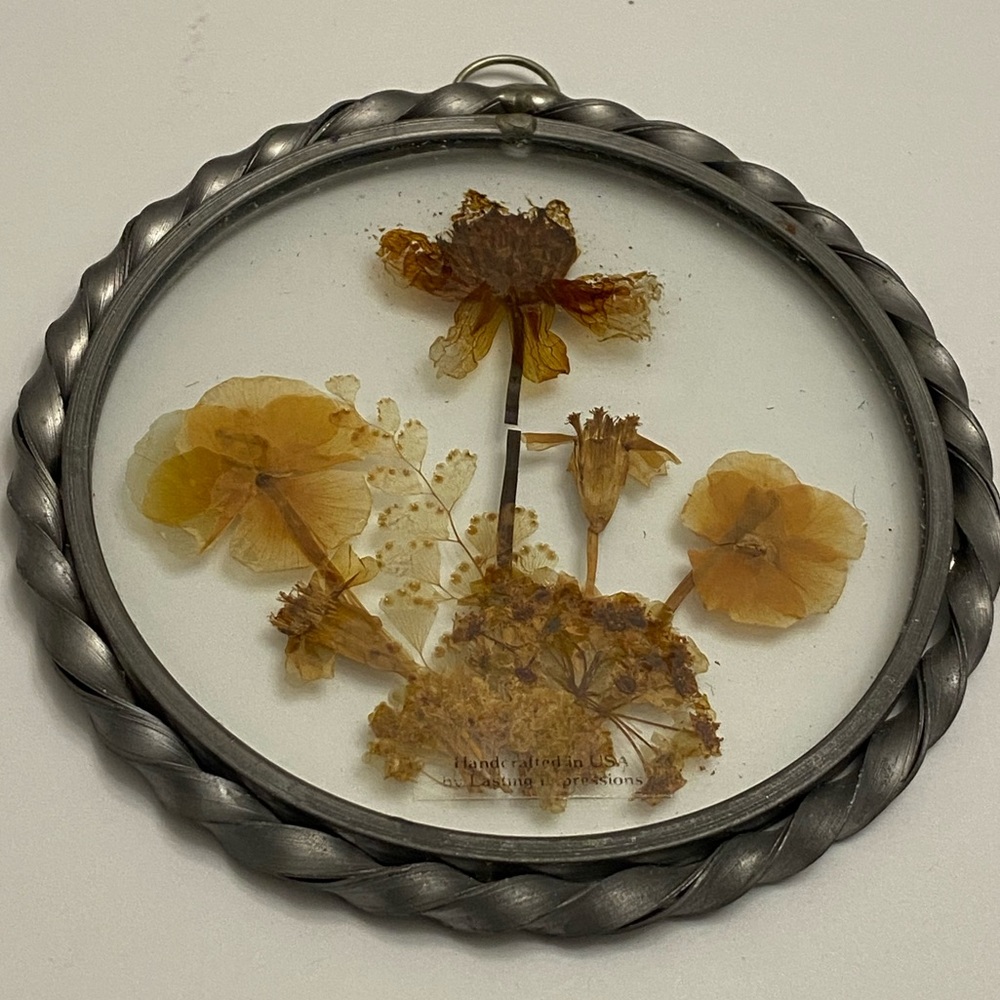 Vintage Pressed Dry Flowers in Twisted Pewter & Double Round Glass Frame 4 1/2”